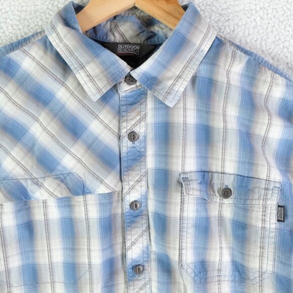 Outdoor Research Shirt Mens Extra Large Blue White Plaid Button Up Short Sleeve - Picture 2 of 10